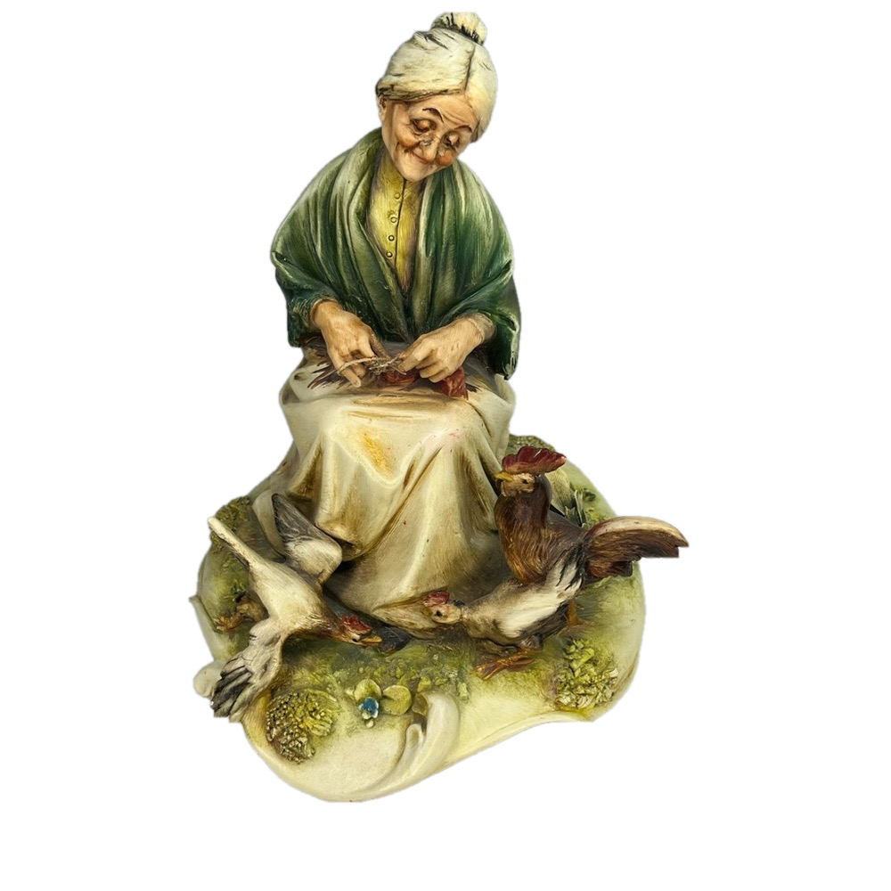 Antonio Borsato Porcelain Decorative Figurine Elderly Lady #522 Italy Chickens